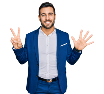 Young hispanic man wearing business jacket showing and pointing up with fingers number seven while smiling confident and happy.