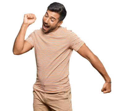 Handsome hispanic man wearing casual clothes dancing happy and cheerful, smiling moving casual and confident listening to music