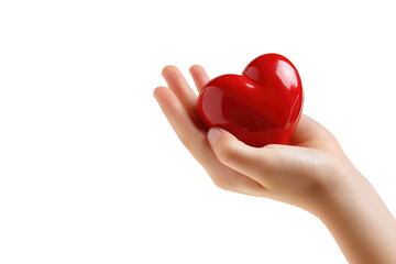 Child's hand holding a red heart, white background