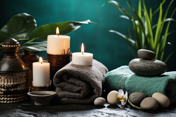 Fototapeta na wymiar studio closeup image of candles stones and towels, Spa theme created with Generative Ai