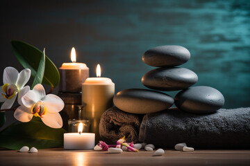 studio closeup image of candles stones and towels, Spa theme created with Generative Ai