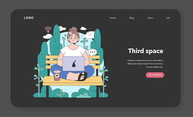 Third place night or dark mode web banner or landing page. Social surroundings. Community life building, people interaction and communication zone. Flat vector illustration
