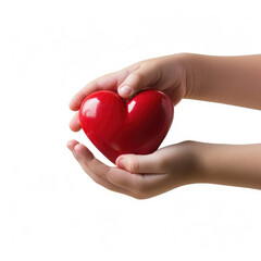 Child's hand holding a red heart, white background