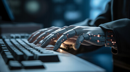 Robot hand typing on the computer. The concept of artificial intelligence replacing a human - obrazy, fototapety, plakaty