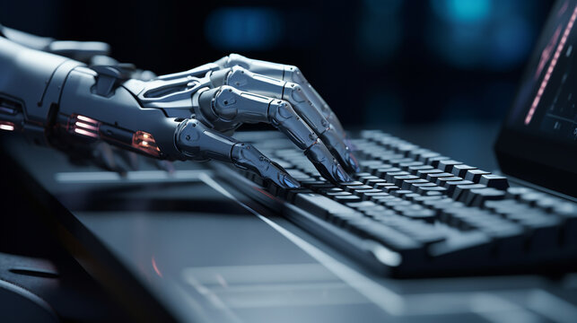 Robot hand typing on the computer. The concept of artificial intelligence replacing a human