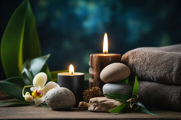 Obraz na płótnie Canvas studio closeup image of candles stones and towels, Spa theme created with Generative Ai