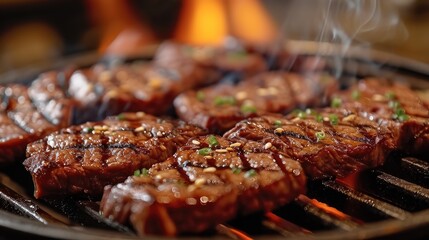 Beef chop for grill, Grilled meat steak on stainless grill depot with flames, Food and cuisine concept. Generative AI.