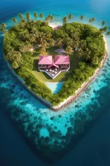 Fototapeten heart green tropical island with small pink house with pool, top view © nnattalli