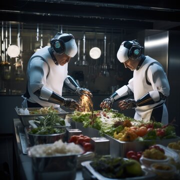 Chefs and robots collaborate in a high-tech kitchen