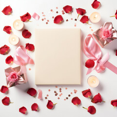 Valentine's Day. Frame made of rose flowers, gifts, candles, confetti on white background. Valentines day background. Flat lay, top view, copy space. Generative AI