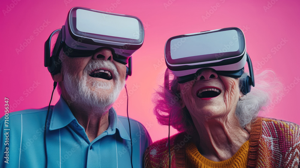 Aufkleber grandma and grandpa using vr headset against pastel color background. generative ai.