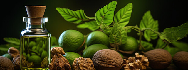 Close up of a halved fresh green unripe walnut - ingredient for nut liqueur or tincture - obrazy, fototapety, plakaty