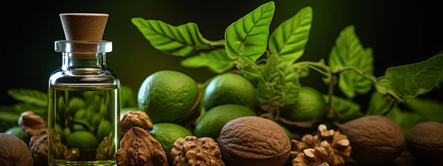 Fotobehang Close up of a halved fresh green unripe walnut - ingredient for nut liqueur or tincture © Артур Комис
