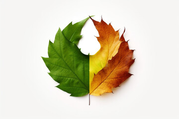 Realistic icon of recycling symbol made of green and autumn leaves, isolated white background created with Generative Ai