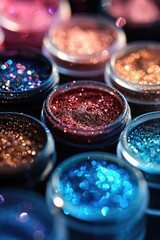 Close up of glitter eyeshadows in plastic containers. Generative AI. - obrazy, fototapety, plakaty