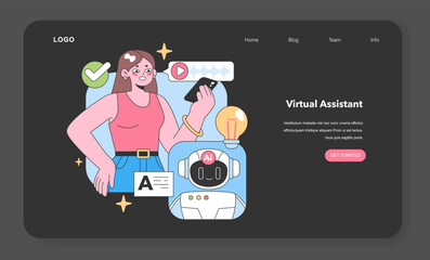 Confident woman engages with virtual assistant on phone, AI bot ready to assist. Task execution, voice commands, and digital solutions in focus. Collaboration of human and tech. vector illustration