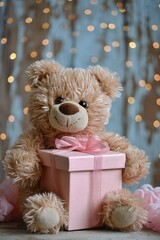 Soft teddy bear near a gift box, present for a girl