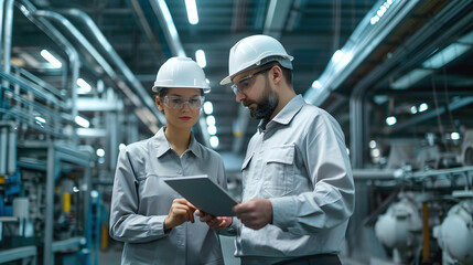 Industrial Engineers with Tablet, Optimization of High-Tech Electronics Facility. Future technologies, copy space