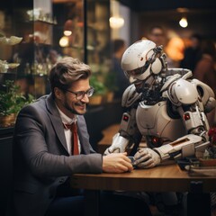 a person interacting with a humanoid robot while sharing a cup of coffee 