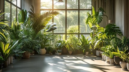 A modern room filled with different types of plants. Generative AI. - Powered by Adobe