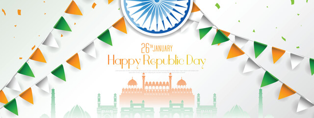 26 th January Indian Republic Day banner template design with Indian flag and silhouette of Indian monument. - obrazy, fototapety, plakaty