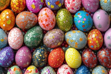 A vibrant mosaic of colorful Easter eggs with a glossy finish, easter background - obrazy, fototapety, plakaty