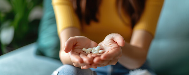 Woman holds painkiller pill in her hand
