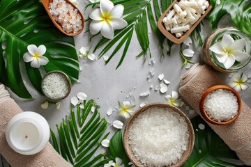 Fototapeta na wymiar Herbal spa with floral tropical ingredients, top view