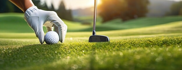 Golfer Preparing for a Swing on a Lush Course. Game participant's hand positions a golf ball carefully, the club poised for a precise stroke. Summer vibrant green field. Panorama with copy space.