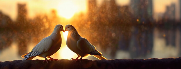 Two pigeons Sharing a Sunset Moment. A pair of lovebirds silhouette, their beaks touching in a tender display of affection. International Kissing Day. Panorama with copy space. - obrazy, fototapety, plakaty