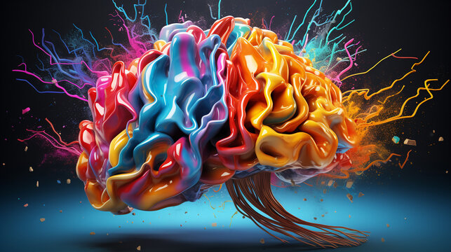 Creativity concept with a brain exploding in colors. Mind blown concept.AI.Generative AI