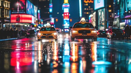 banner, Busy downtown streets with neon signs, Glittering city street at night with taxis and vibrant reflections on the wet road.., time lapse of traffic at night,  - obrazy, fototapety, plakaty