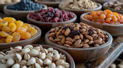 Mix of dried fruits and nuts in wooden bowls on wooden table.