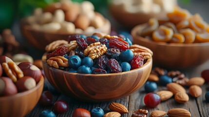 Mix of nuts and berries in wooden bowls on table, closeup