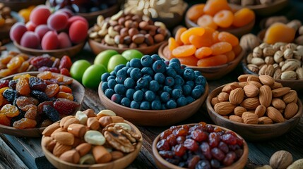 Mix of dried fruits and nuts in wooden bowls on wooden table.