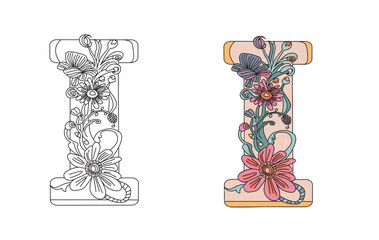 Floral alphabet. Letter I. Coloring book for adults	