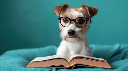 A dog with glasses reads a book on blue background with space for text. Generative AI.