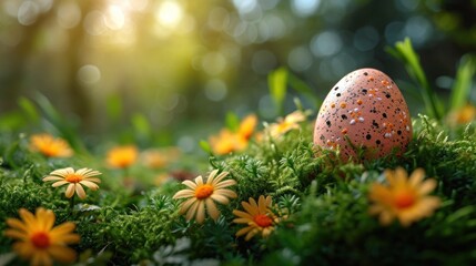 Fototapeta premium easter banner, Fresh morning vibe with vibrant Easter eggs and glistening dew..