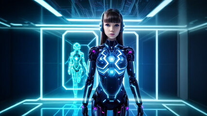 A 20-year-old girl wearing a cyber gaming suit inside an online game. Robot man with a woman's face.