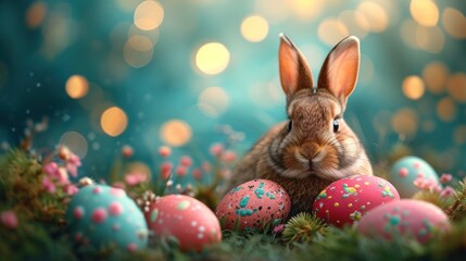 Fototapeta na wymiar easter bunny and easter eggs, easter banner, Cute Easter bunny with decorated eggs and magical bokeh lights