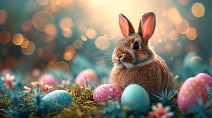 Fototapeta na wymiar easter bunny and easter eggs, easter banner, A spring celebration with a furry friend and colorful eggs..