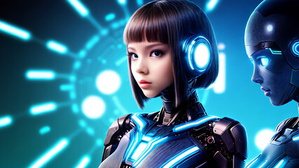 A robot girl with short hair next to a hologram of a person on the Internet.