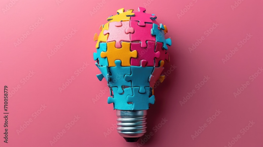 Aufkleber light bulb made of colorful puzzle pieces on pink background. generative ai.