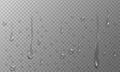 Realistic rain drops background, water condensation droplets on transparent glass