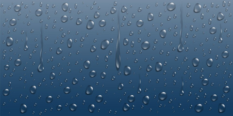 Rain water drops on blue metallic background, 3d vector condensation design