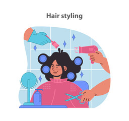 Chic hair styling session. A smiling woman enjoys a hair transformation with rollers, dye, and scissors. Flat vector illustration.