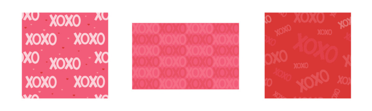 Set of romantic xoxo seamless patterns. Valentine day repeated text ornaments with hearts. Vector illustration design for background, textile, fabric, wrapper.