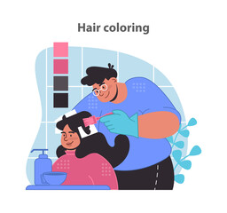 Vibrant hair coloring process. A cheerful customer gets a new hair hue with professional dyes and brushes. Flat vector illustration.