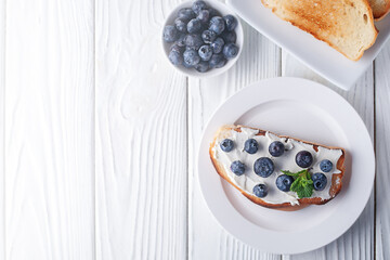 French toast with cheese and blueberries. Healthy breakfast