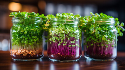 close-up of microgreens growing in glass jars.Generative AI - obrazy, fototapety, plakaty